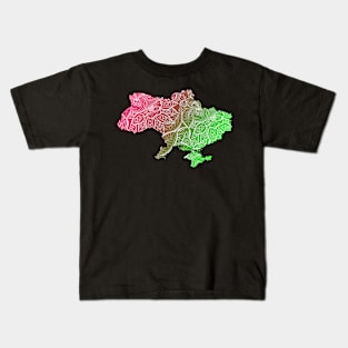 Colorful mandala art map of Ukraine with text in pink and green Kids T-Shirt